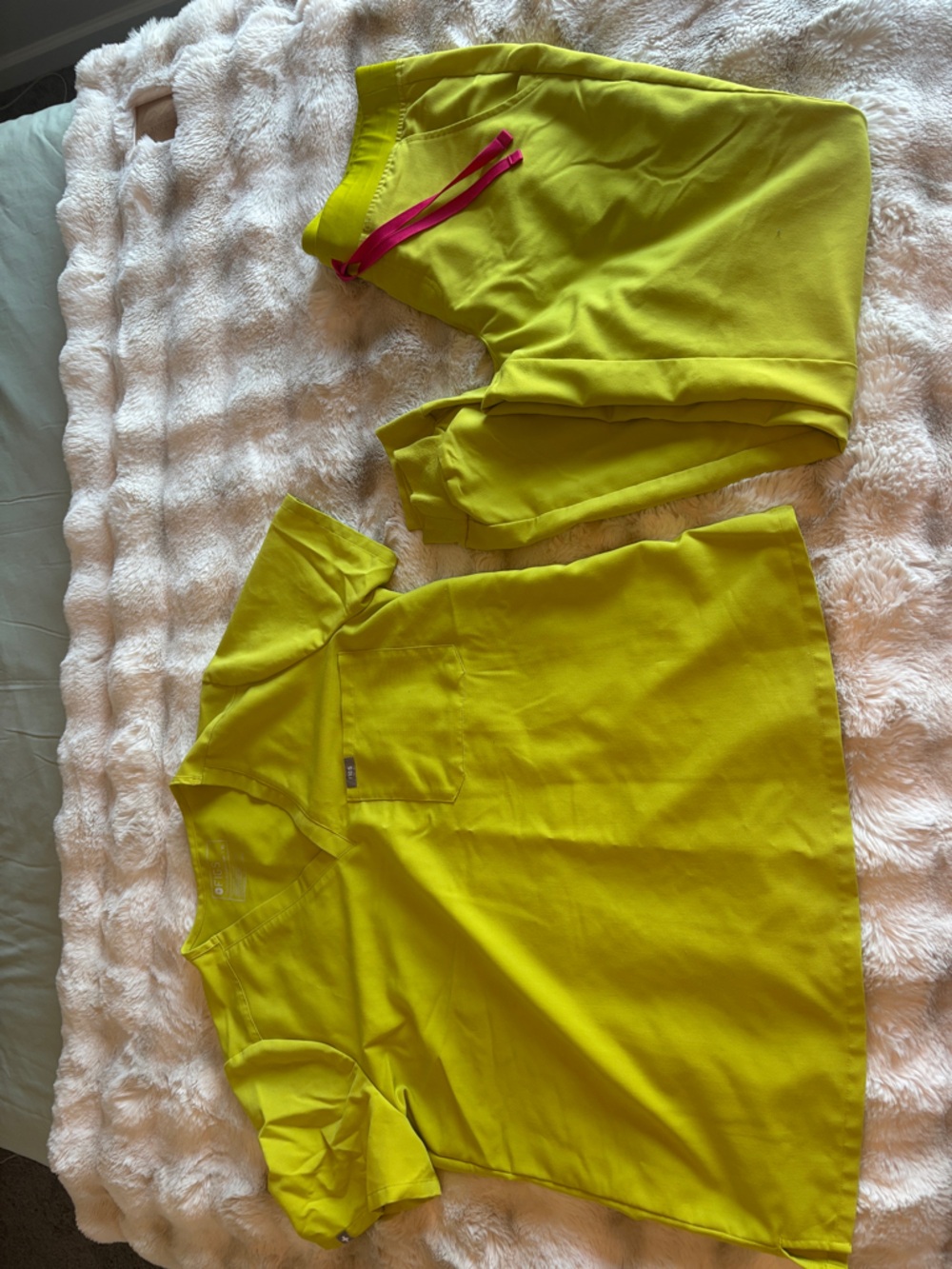 Figs Women's Neon Yellow Scrub Top and Pants with Fuchsia Drawstring